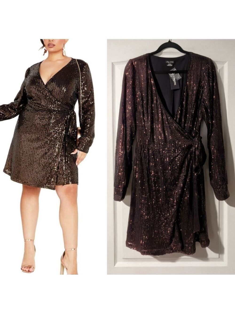 City Chic | Party Glow Wrap Dress In Bronze Sequins